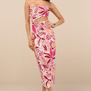 Lulus Zisel Ivory and Pink Floral Cutout Strapless Midi Dress